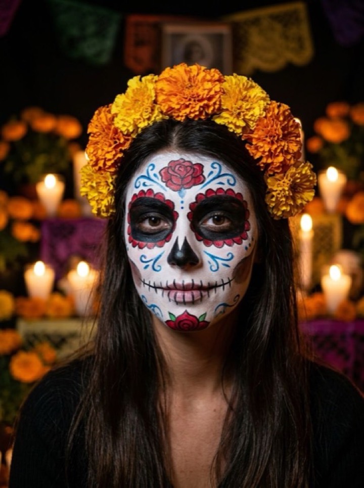 The same photo transformed with the Sugar Skull style in PicToon